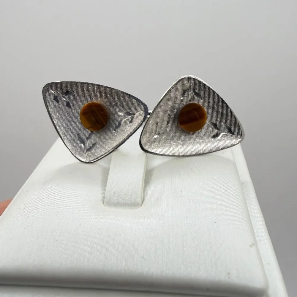 Vintage/Retro‎ Tigers Eye and diamond cut leaf design silver tone cuff links!